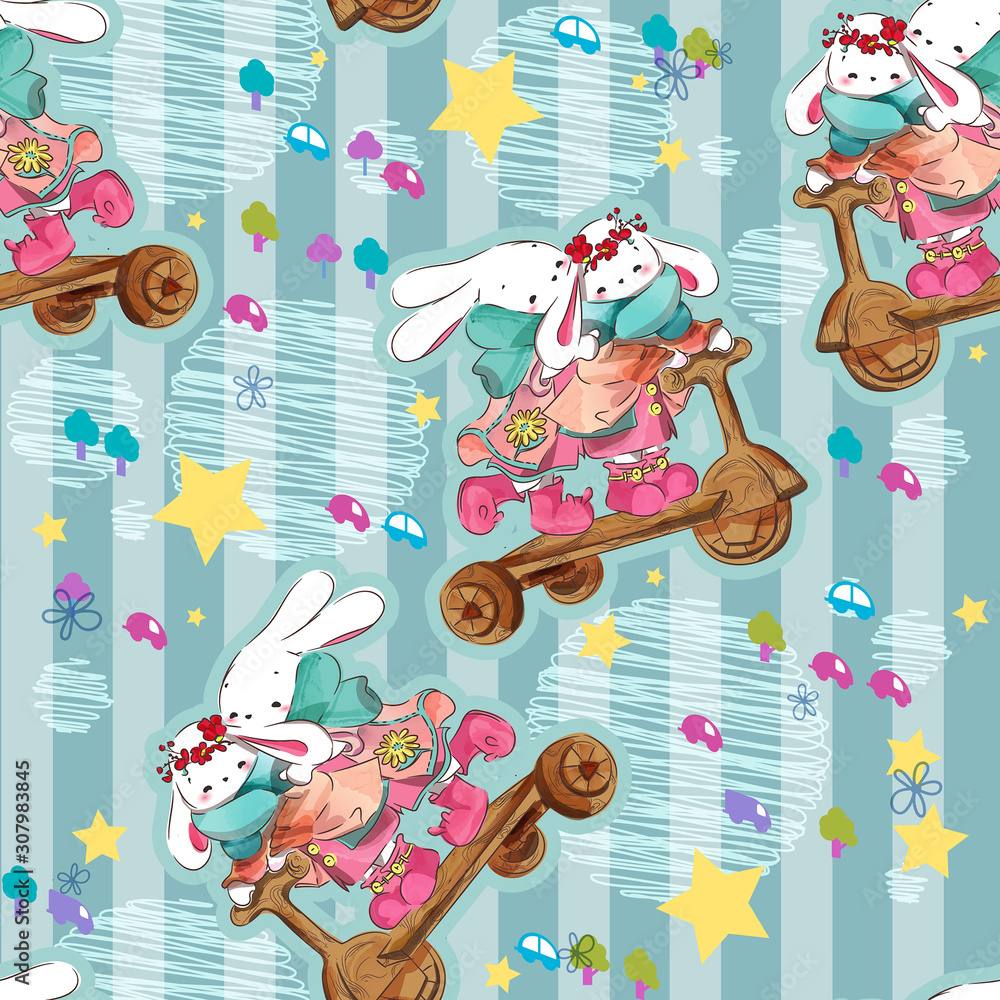 Cute baby bunny hand drawn in sweet watercolor style with seamless pattern.
