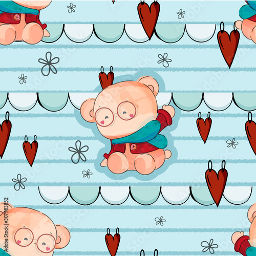 Cute baby bear hand drawn in sweet watercolor style with seamless pattern.