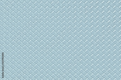 Light steel blue leather background with imitation weave texture. Glossy dermantine, artificial leather structure. Fake woven leather wicker textured surface.