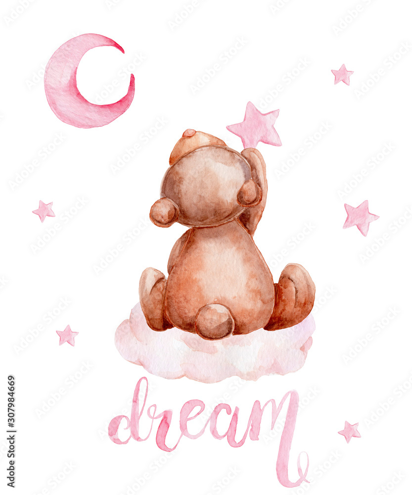 ภาพประกอบสต็อก Little brown teddy bear sitting on a cloud and moon and ...