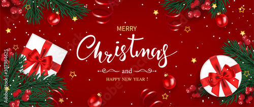 Merry Christmas and Happy new year banner decorated with gifts box, green pine branches,  snowflake, holly berry, and red ball. Top view. Vector illustration.