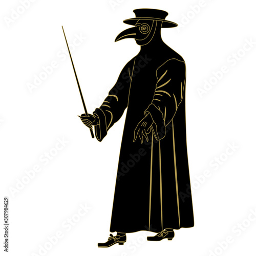 Silhouette of plague doctor. Medieval spooky costume with long beak..