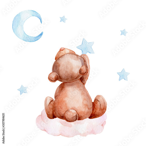 Obraz na plátně Little brown teddy bear sitting on a cloud and moon and stars; watercolor hand d