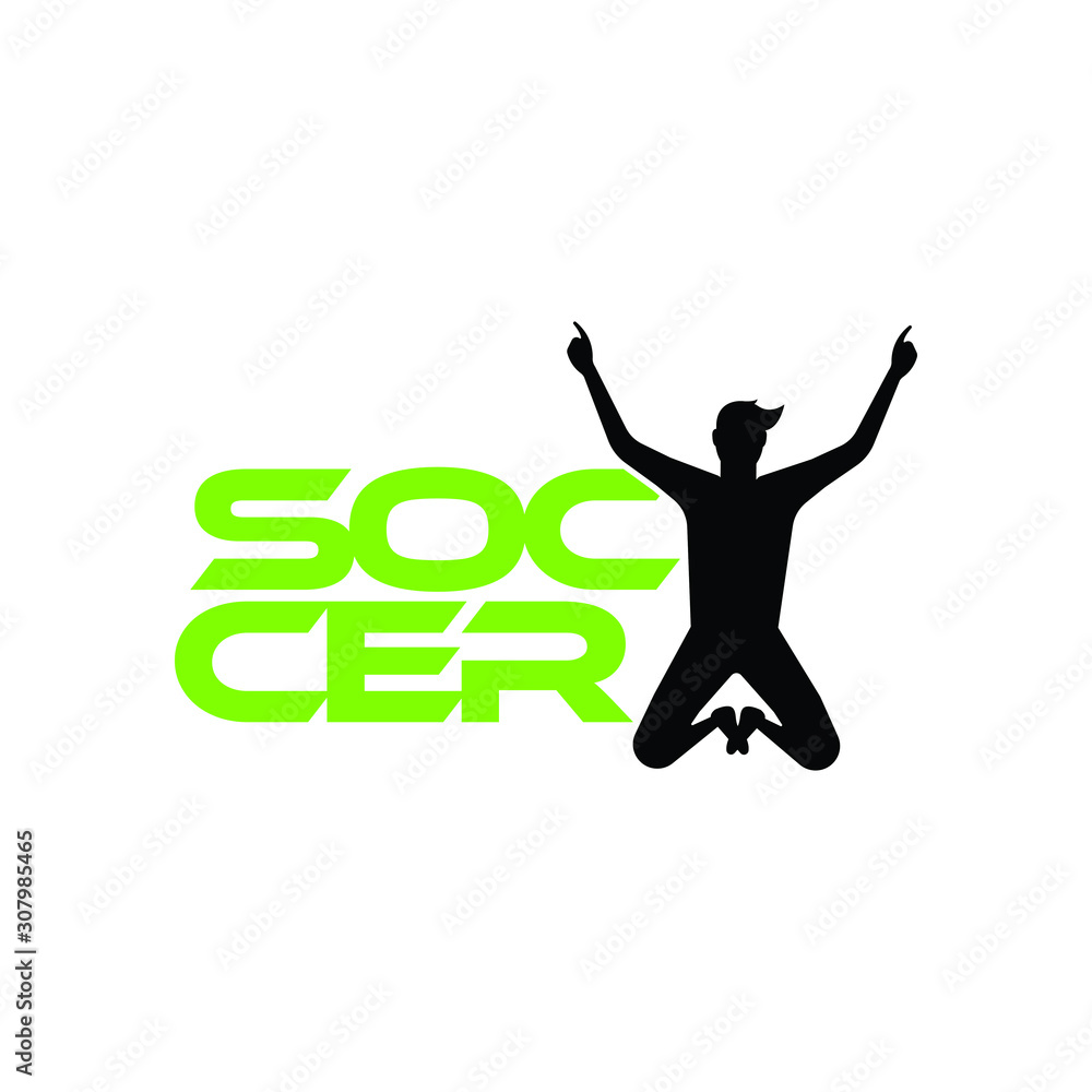 Soccer or football vector illustration. Sport Logo with soccer text and soccer player figure isolated on white background. Vector design template for soccer championship or competition design element.