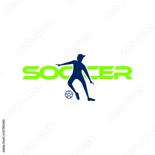 Soccer player kicks the ball. Sport Vector illustration with the soccer text and with soccer player below. Soccer logo, icon, mobile, website design template isolated on white background.