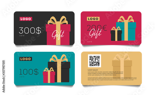 Gift card template with monetary award and gift boxes illustration. Special offer for the customer.