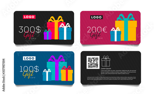 Gift card template with monetary award and gift boxes illustration. Special offer for the customer with qr code