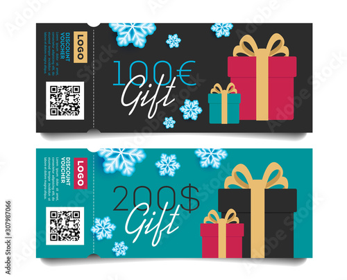 Gift voucher layout template with monetary award and gift boxes in winter snowflakes illustration. Special offer for the customer.