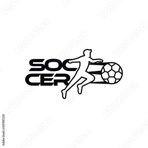 Soccer or football vector illustration. Sport Logo with soccer text and soccer player figure isolated on white background. Vector design template for soccer championship or competition design element.
