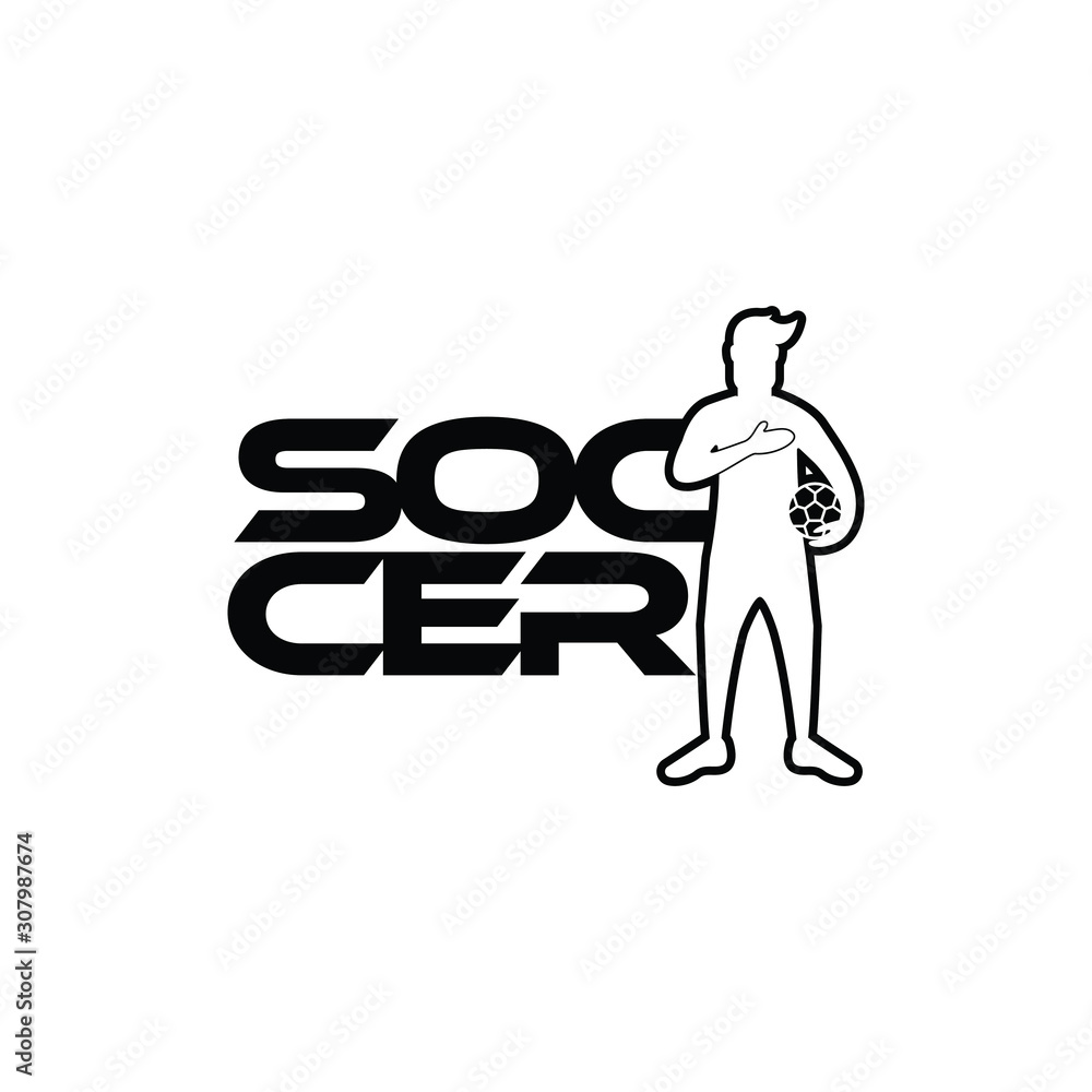 Fototapeta premium Soccer vector illustration of a silhouette soccer or football player isolated on white background. Sport Logo with soccer text and player figure. Soccer vector for icon, logo, app, symbol.