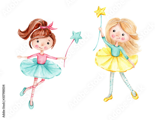 Cute cartoon fairy girls with magic wands; watercolor hand draw illustration; with white isolated background