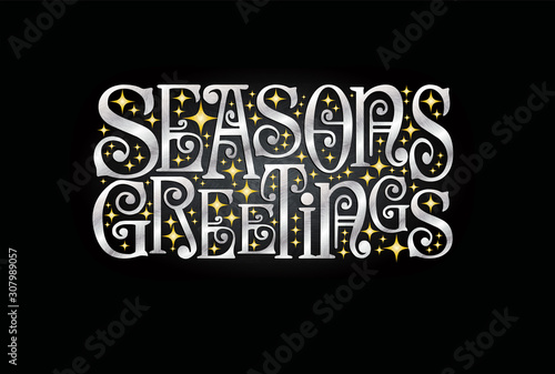 holiday design with retro typography and shiny stars in silver and gold. Seasons Greetings. Christmas and New Year vector design for greeting cards, gift tags, banners, invitations.