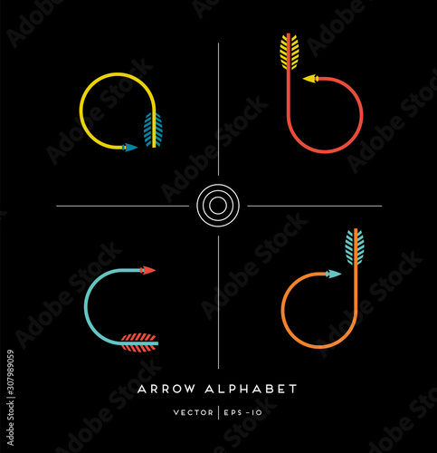Modern minimalist font alphabet shaped like archery arrows. Letters a,b,c,d. Vector illustration.