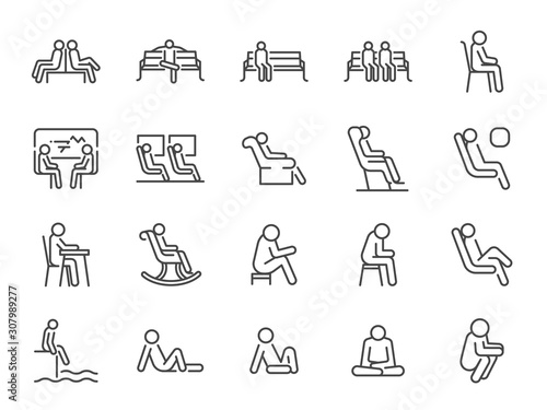 Wait icon set. Included icons as seat, sit, chair, armchair, bench and more.