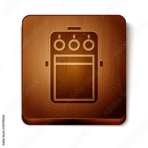 Brown Guitar pedal icon isolated on white background. Musical equipment. Wooden square button. Vector Illustration