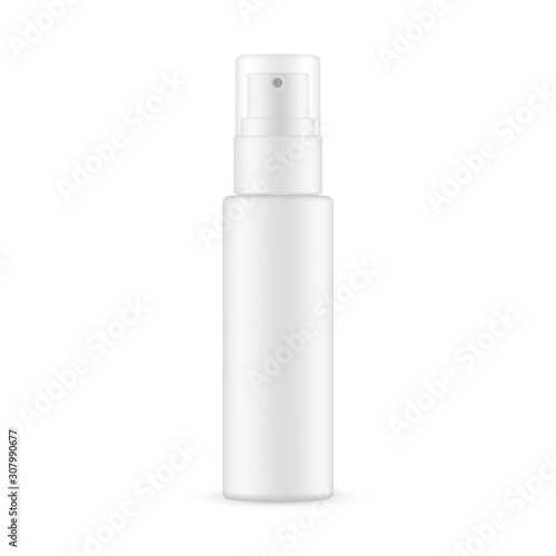 Plastic spray bottle with transparent cap mockup isolated on white background. Vector illustration