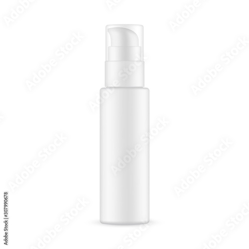 Cosmetic pump bottle with transparent cap mockup isolated on white background. Vector illustration