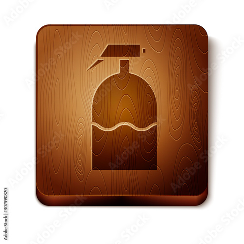 Brown Garden sprayer for water, fertilizer, chemicals icon isolated on white background. Wooden square button. Vector Illustration