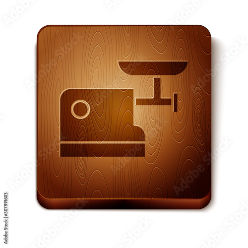 Brown Kitchen meat grinder icon isolated on white background. Wooden square button. Vector Illustration