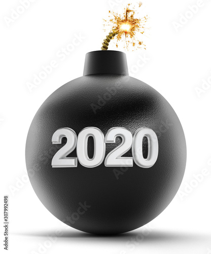 2020 text on bomb with lit fuse. 3D illustration