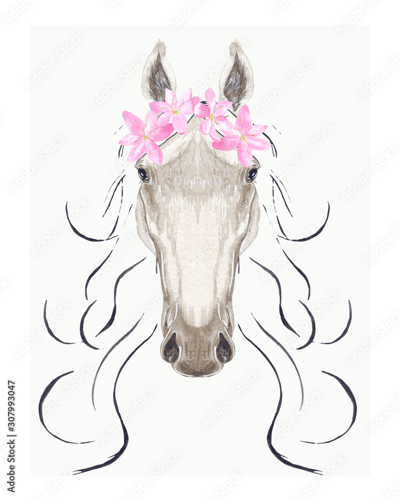 Obraz Full face watercolor horse with a delicate wreath of pink flowers. Great for invitations, cards and other paper products, photo albums, web sites, scrapbooking and more.