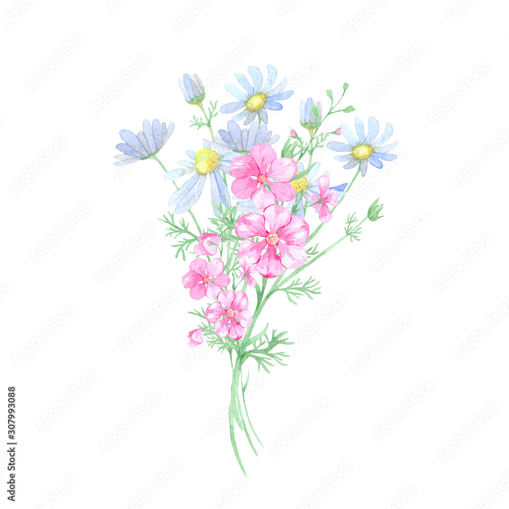 A watercolor bouquet in pink and blue, summer wildflowers will fit perfectly into your rustic theme design. Great for making cards, invitations, photo paper, web sites and other creative ideas.