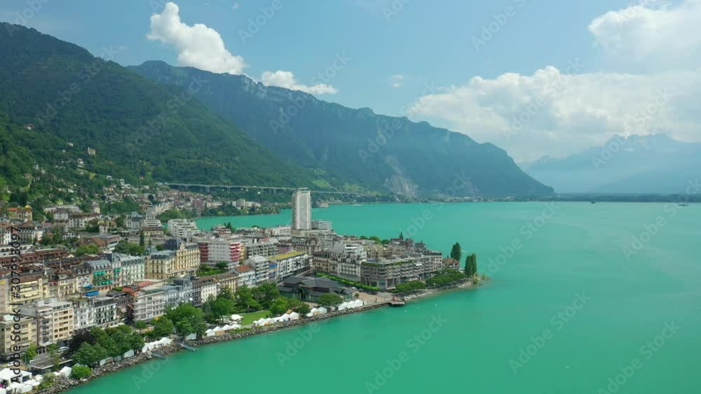 day time flight over montreux city geneva lake famous festival bay aerial panorama 4k switzerland day time flight over montreux city geneva lake famous festival bay aerial panorama 4k switzerland