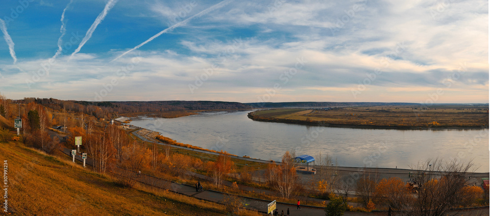 Panoramic view of the Tom River. Autumn. Tomsk