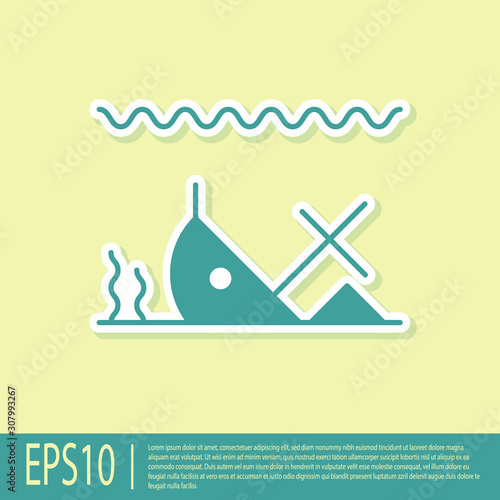 Green Sunken ship at the bottom of the sea icon isolated on yellow background.  Vector Illustration