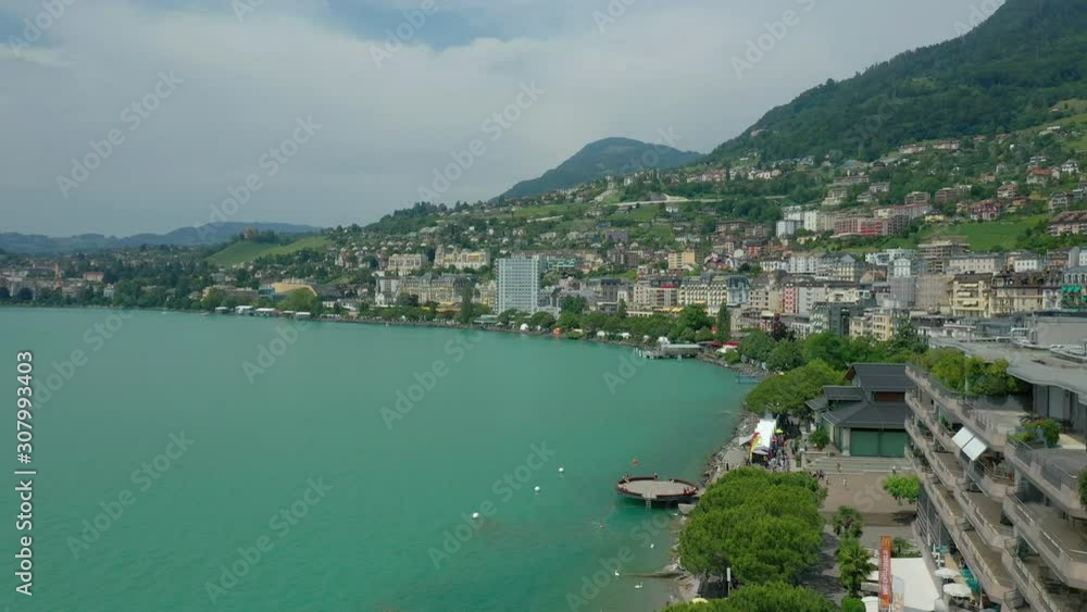 day time flight over montreux city geneva lake famous festival bay aerial panorama 4k switzerland day time flight over montreux city geneva lake famous festival bay aerial panorama 4k switzerland