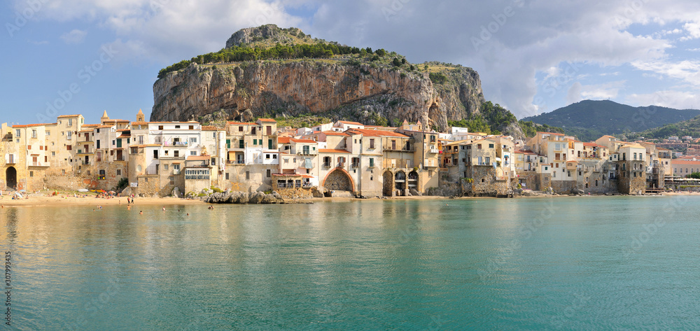 Panoramic view of the Sicilian city of Cefalu by the sea. Italy.
