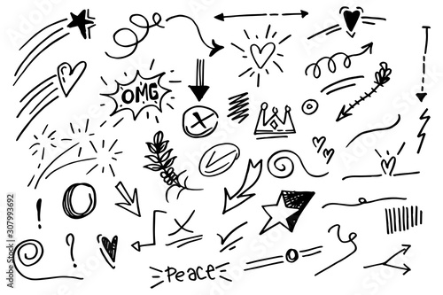 Vector hand drawn collection of design element. curly swishes, swoops, swirl, arrow, heart, love, crown, leaf, star, sun burst, firework, highlight text and emphasis element. use for concept design