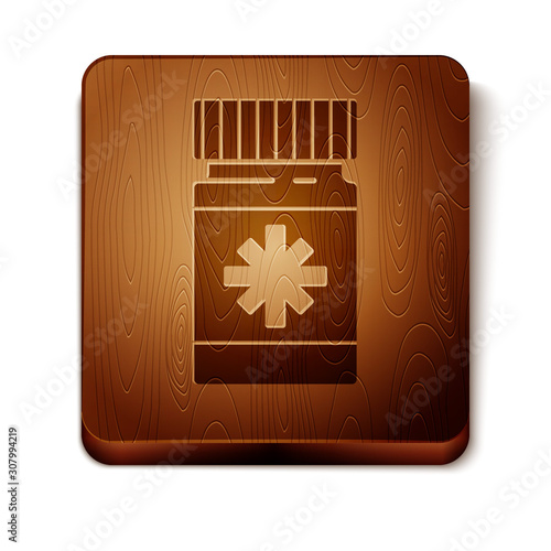 Brown Dog medicine bottle and pills icon isolated on white background. Container with pills. Prescription medicine for animal. Wooden square button. Vector Illustration