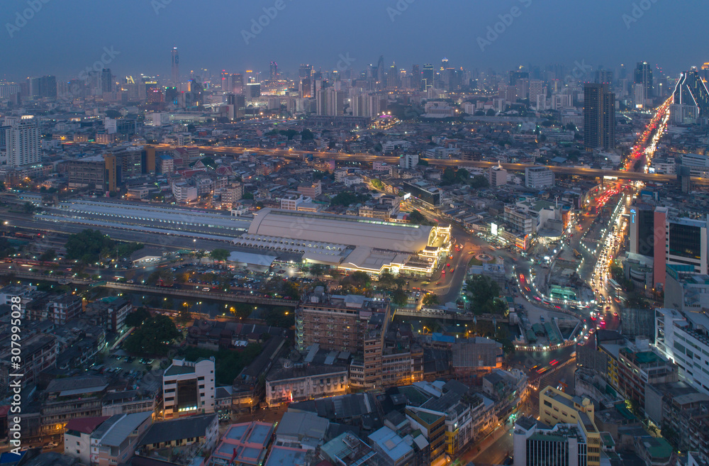 Aerial view (drone shot) of Bangkok Central Train Station with Downtown  Skyline at night,Bangkok Thailand Stock Photo | Adobe Stock