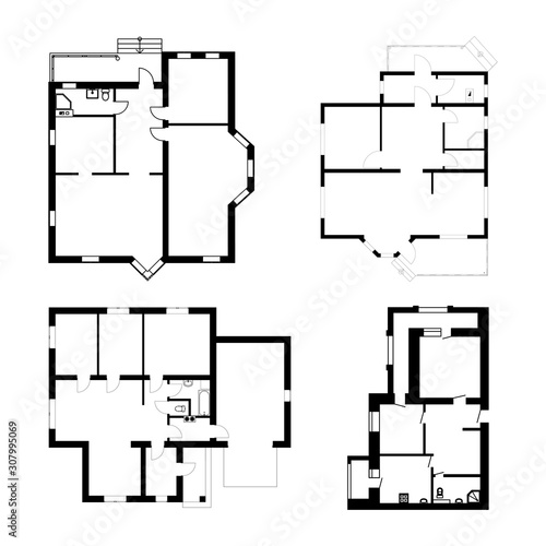 Set of ground floor blueprints. Vector unfurnished floor plans for your design. Suburban house set.