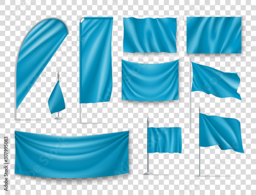 Blue rectangular flags set isolated on transparent background. Realistic wavy flag on pole, expo banner, drop and desk flag mockups. Product branding, company corporate identity vector illustration.