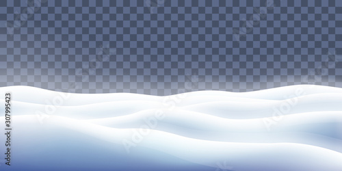Magic winter mockup with snowdrifts. Merry Christmas and Happy New Year greeting card template with copy space. Realistic snowdrifts on transparent background. Seasonal holidays vector illustration