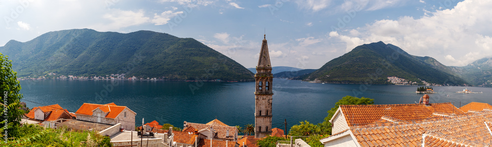 views of the Bay, mountains in the town of Perast, Montenegro