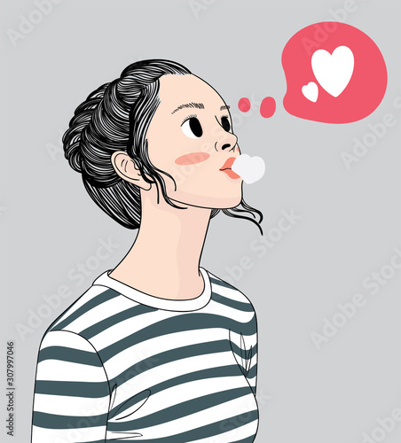 Women chewing gum into heart shape.She falls in love with a man who has long been secretly fond.Doodle art concept,illustration painting