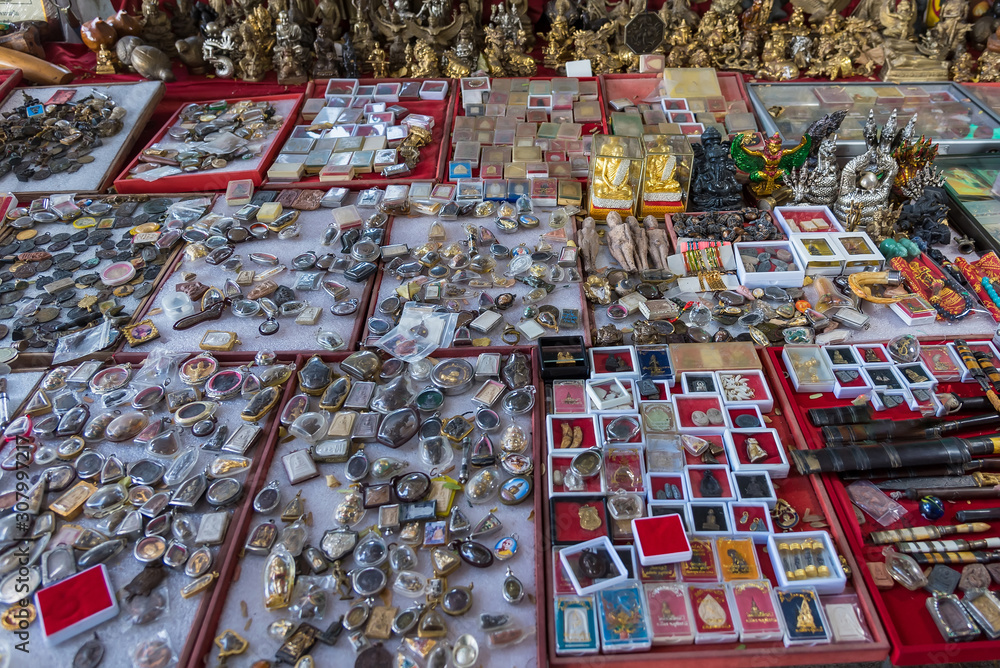 Uthai Thani, Thailand - November, 30, 2019 : Buddha amulets shop on the top of Sakae Krang Mountain.