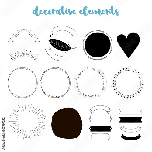 Abstract decorative elements - circles, banners and shapes. Handdrawn wreaths