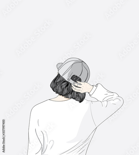 Women wearing stylish hats.The girl turned her back, feeling lonesome.Doodle art concept,illustration painting