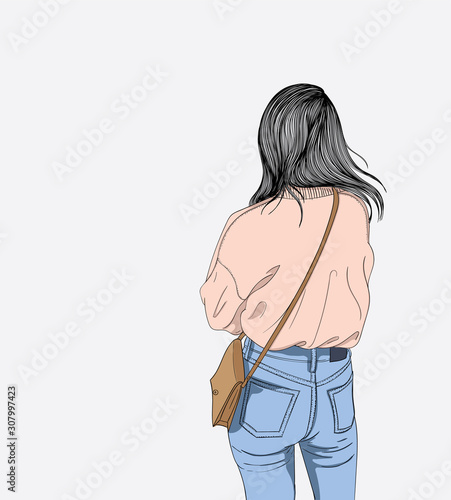 Women wear a pink sweater. She stands alone lonely in autumn, into winter mode late.Doodle art concept,illustration painting