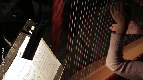 Close-up shot of hands playing the harp at the rehearsal of the Symphony orchestra