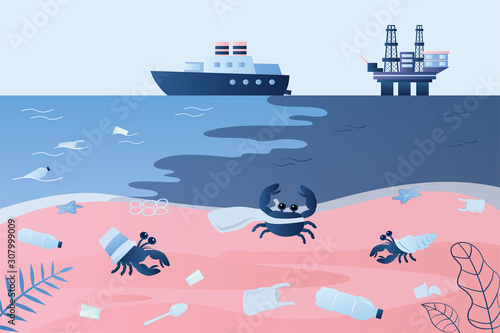 Ocean coast with plastic trash and various garbage. Tanker and oil platform pollute the ocean.