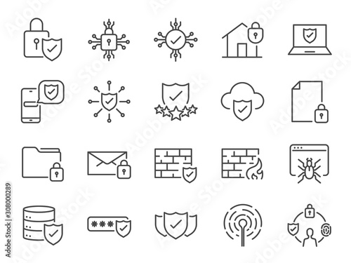 Security line icons. Included icons as cyber lock, password, unlock, guard, shield, home security system, firewall and more.
