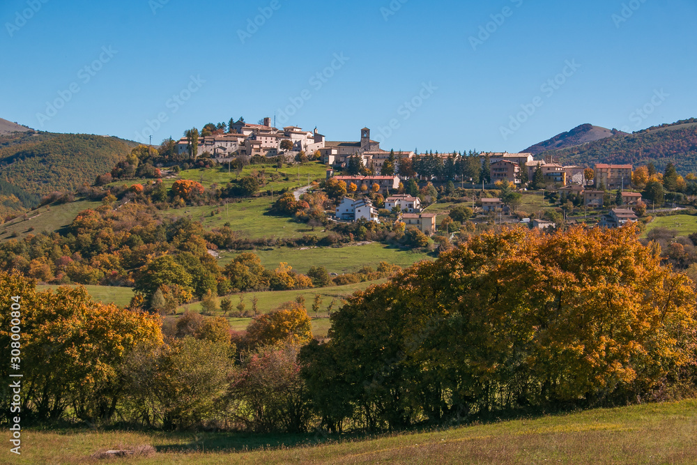 Autumn view of Monteleone di Spoleto medieval village in Valnerina, Umbria, Italy