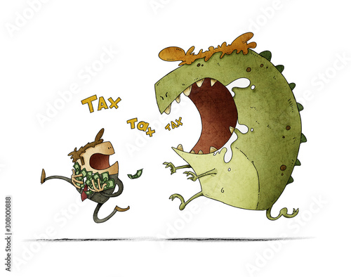 man with his hands full of bills runs because he is chased by a big monster t...