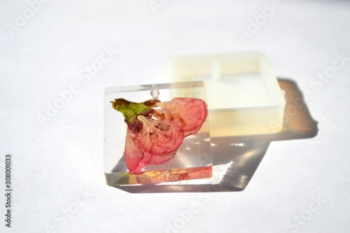 Dried flower in epoxy resin block. White silicone mold isolated on white background. Handmade jewelry.