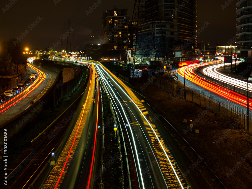 Light trails and urban view in East India, London stock photo Light trails and urban view in East India, London stock photo